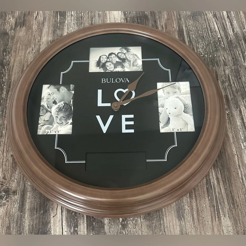 Bulova Keepsake Photoframe Black Brown Wall Clock